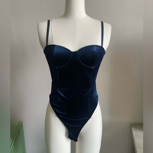 Fleur Du Mal Velvet Balconette Bodysuit - size Small - color is Midnight Blue - Picture 5 of 11